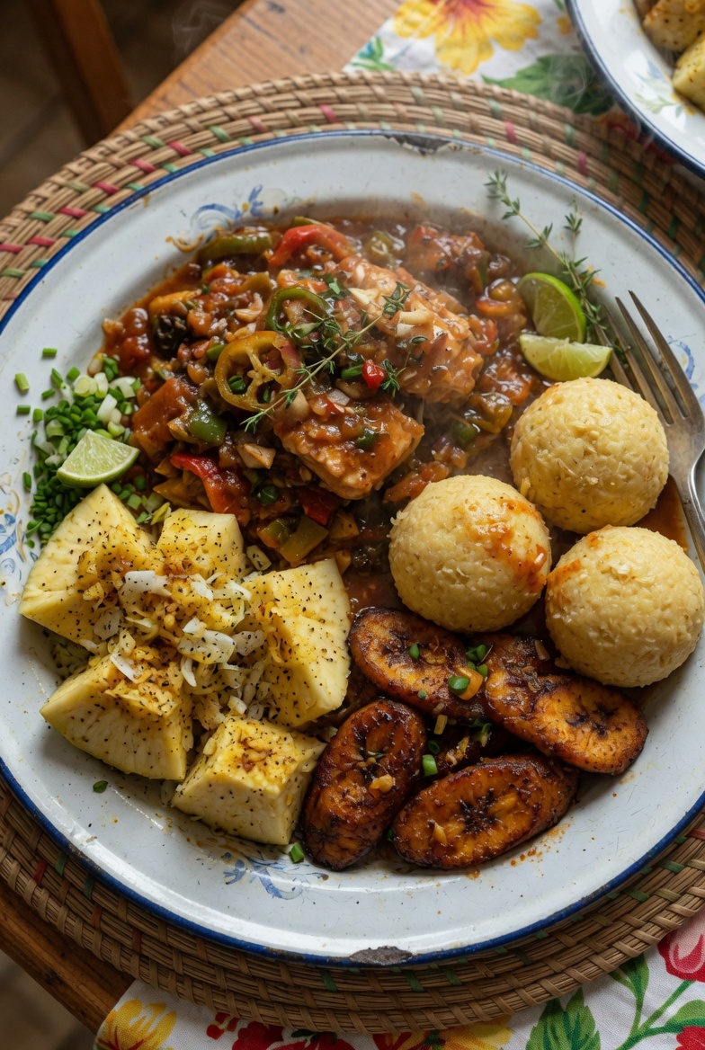 Stewed saltfish with dumplings and plantain, St Kitts and Nevis (illustrative)