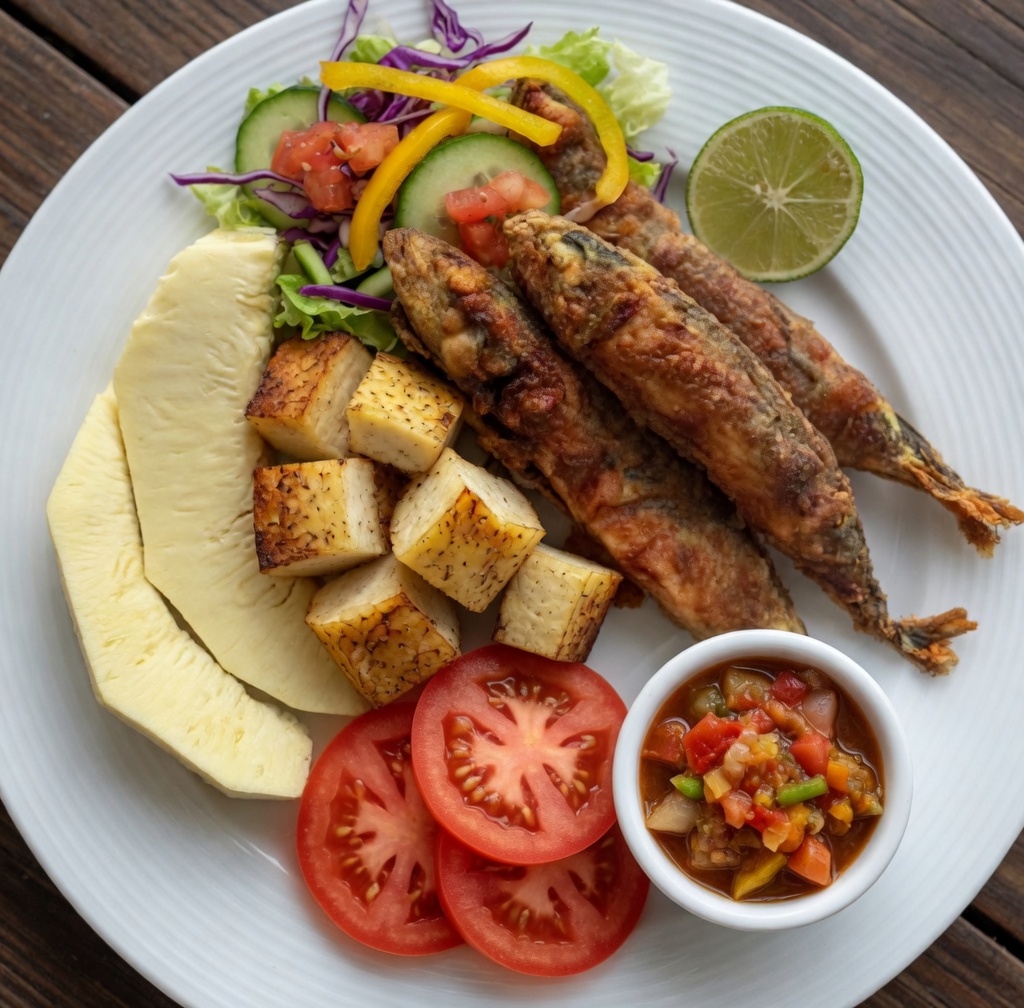 Roasted breadfruit and fried jackfish, St Vincent and the Grenadines (illustrative)